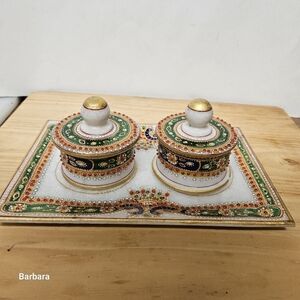 India Meets India White Marble Meenakari Art Form Tray & Container Set